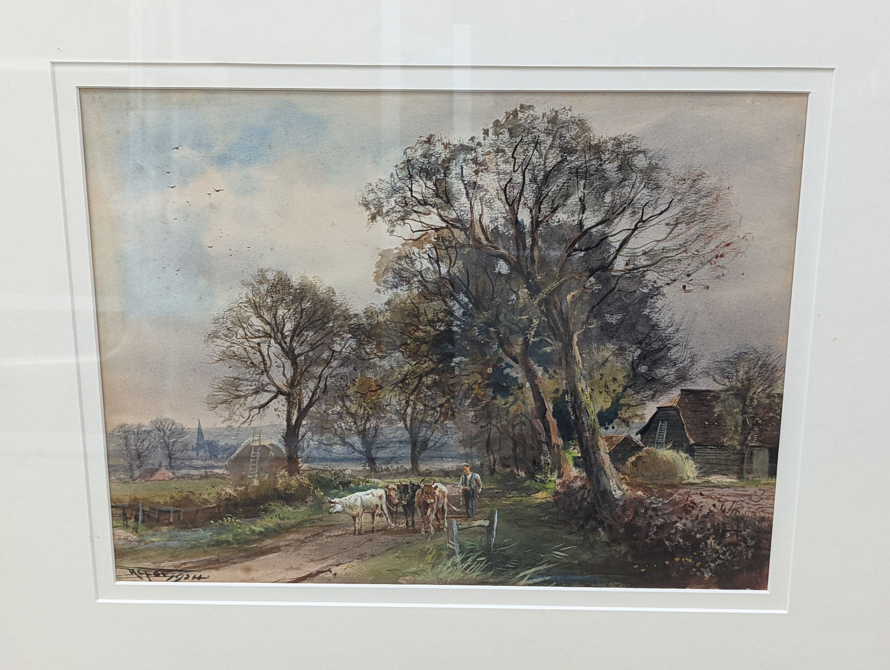 Two early 20th century watercolours depicting seascape and cattle drover, both signed, 25 x 35cm, 27 x 26cm